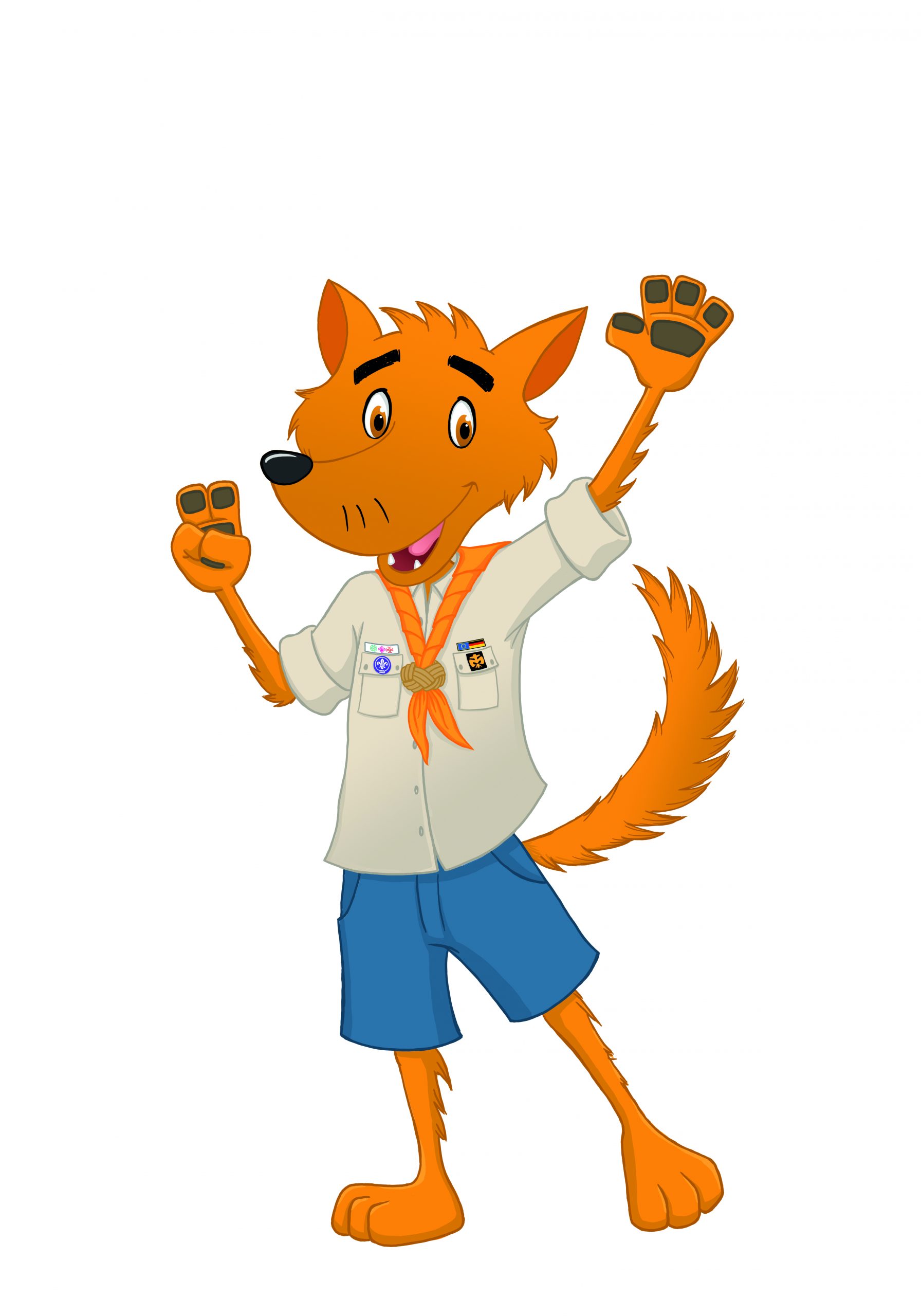 Hier wird das Maskottchen der Wölflings-Stufe gezeigt. Ein orangener Wolf. Wölfi trägt eine Kluft, ein orangenes Halstuch und eine blaue Hose.
Wölfi winkt mit der linken Pfote und macht mit der rechten Pfote eine Pfadfinder-Gruß.