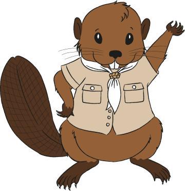 Hier ist das Biber-Maskottchen zu sehen. Es ist ein Biber, der eine Kluft und ein weißes Halstuch trägt. Er winkt mit der linken Pfote.