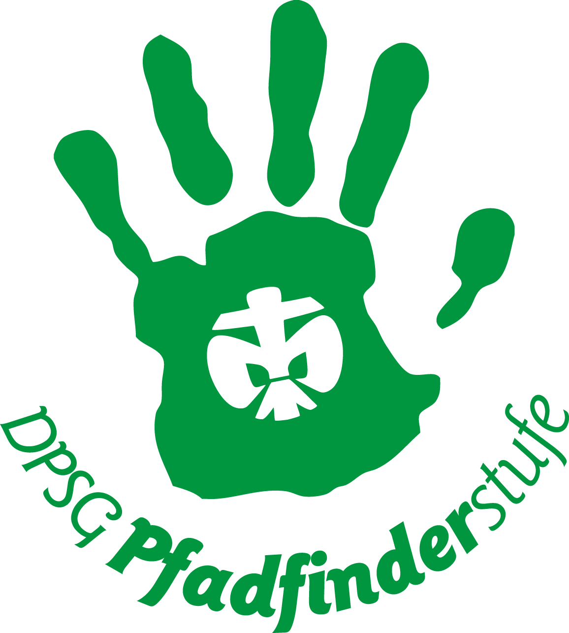 Das Pfadilogo ist im Pfadigrün gehalten. 
Hier ist ein Handabdruck zu sehen. In der Handinnenfläche ist eine weiße Lilie ausgeschnitten. 
Unter dem Handabdruck steht in einem Halbkreis: Die Pfadfinderstufe. Dabei ist Pfadfinder mit fetter Schrift hervorgehoben.